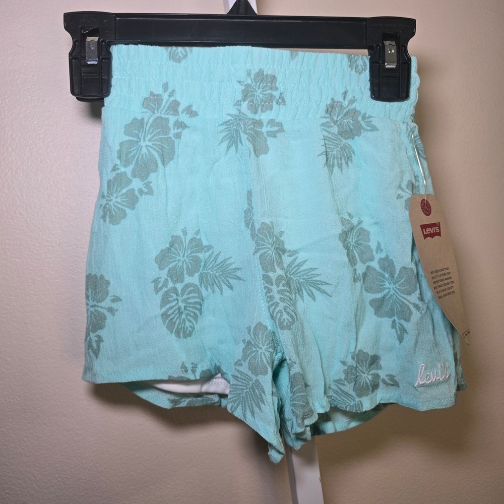 Levi's Girls Aqua Floral Two Piece Set Top and Shorts Tropical Outfit sz 4XS - Picture 3 of 6